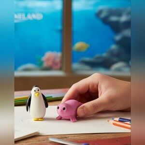 (Lot Of 2) 3D Puzzle 1" Miniature Multi-Color Eraser Figural Penguin And A Seal.